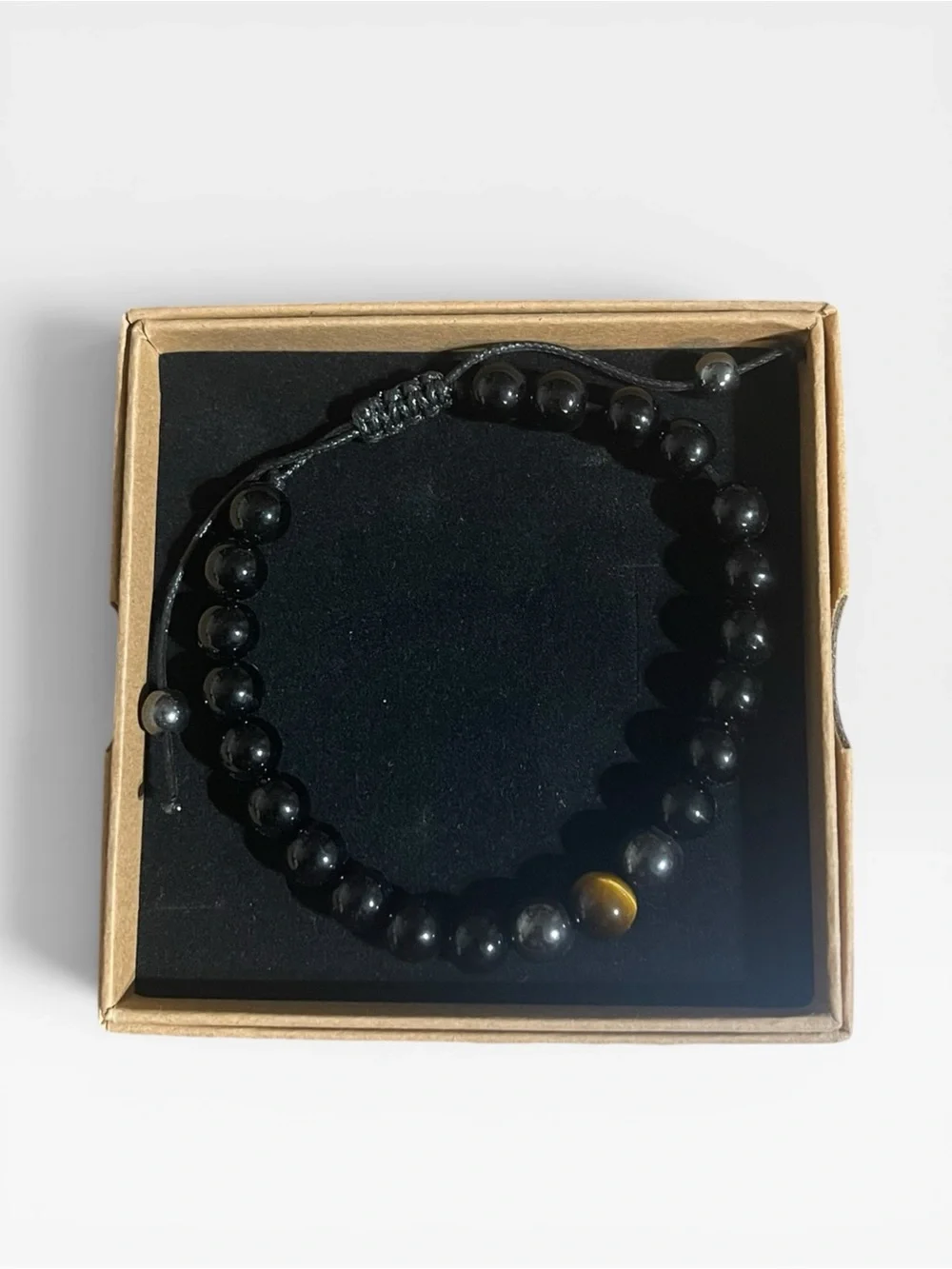 Men's Beaded Bracelet with Black, Gunmetal & Gold Accent